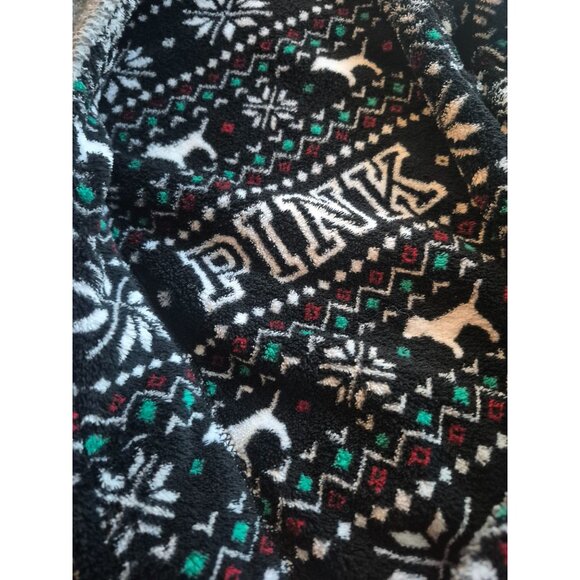 Victorias Secret Pink XS/S Hooded Sherpa-Lined Bathrobe Black Fair Isle Print - Picture 6 of 6
